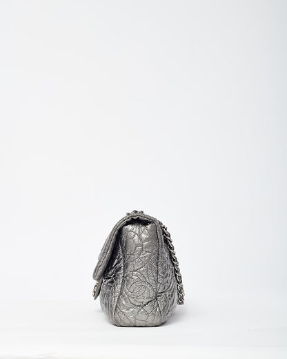Chanel Silver Vinyl Graphic Edge Camellia Flower Accordion Flap Bag SHW
