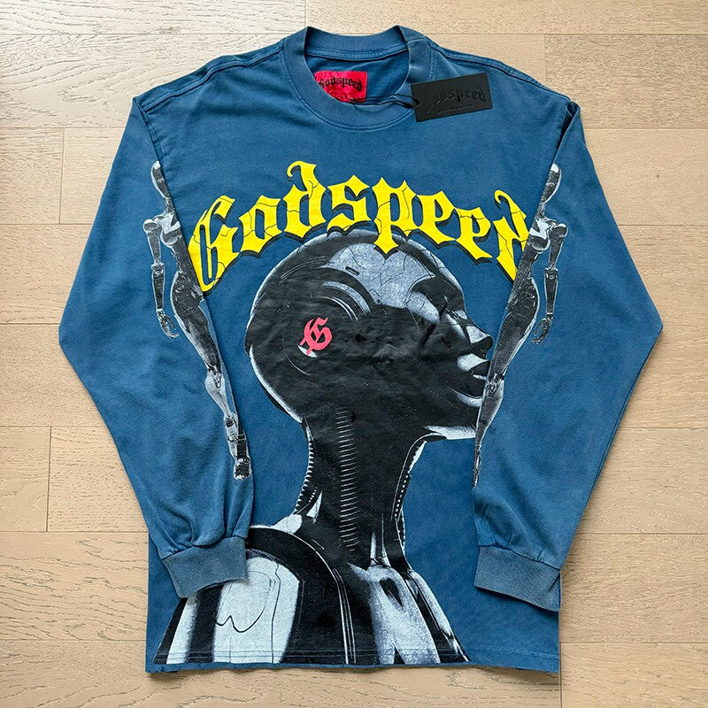 GodSpeed Washed Blue Gothic Graphic Long Sleeve T-Shirt