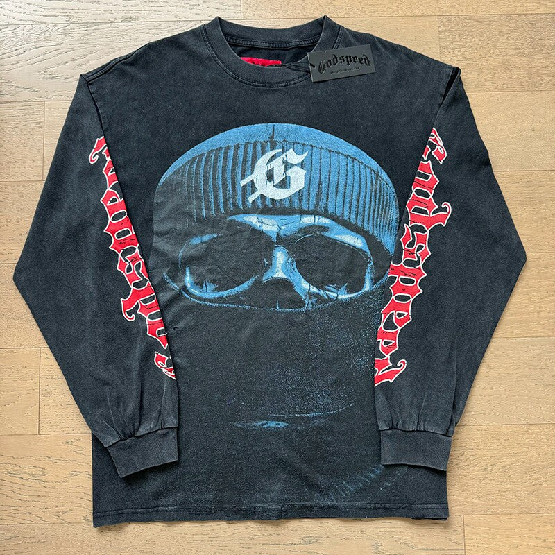 GodSpeed Washed Black Skull Graphic Long Sleeve T-Shirt