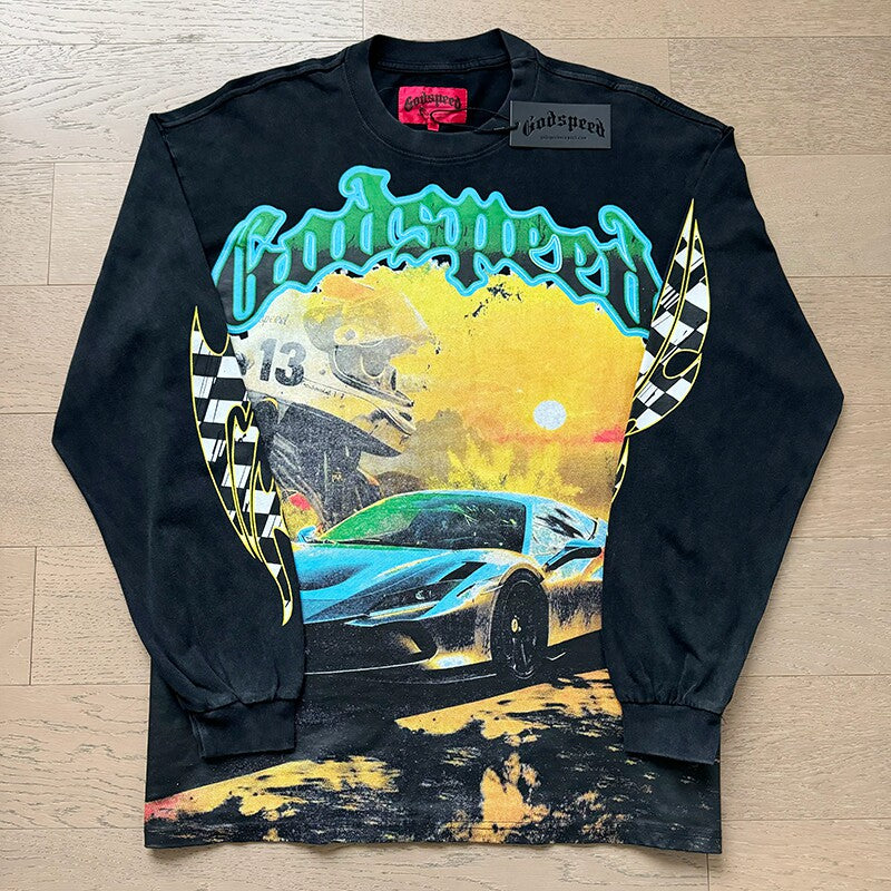 GodSpeed Washed Black Supercar Graphic Long Sleeve T-Shirt