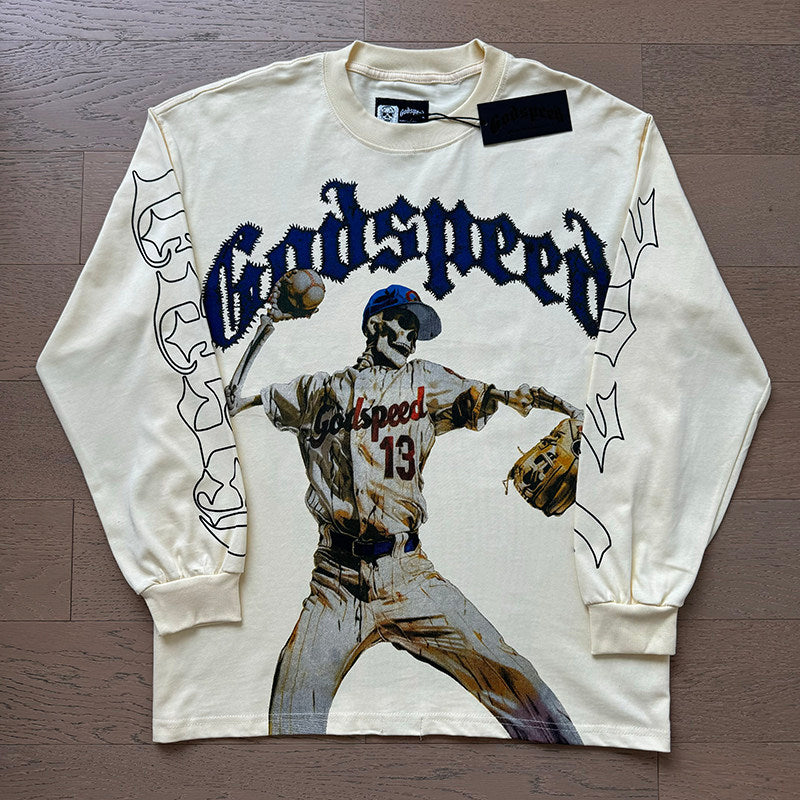 GodSpeed Cream Baseball Skull Graphic Long Sleeve