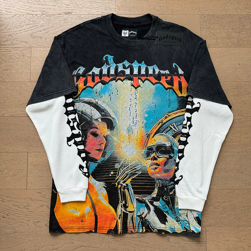 GodSpeed Black Space Graphic Layered Long Sleeve T-Shirt