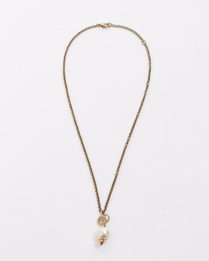 Gucci Gold Finish Metal Interlocking Crystal GG Pearl Necklace
