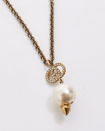 Gucci Gold Finish Metal Interlocking Crystal GG Pearl Necklace