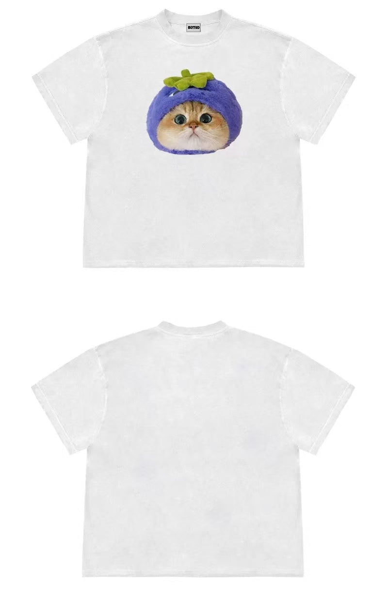 Cute Eggplant Cat Graphic Oversized T-Shirt – Kawaii Cotton Tee
