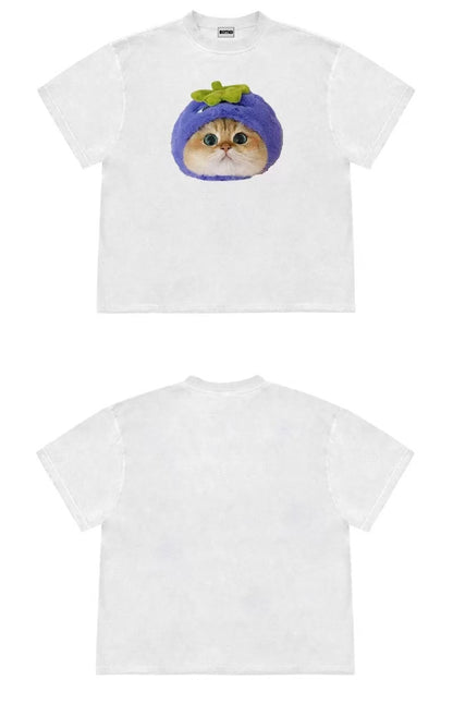 Cute Eggplant Cat Graphic Oversized T-Shirt – Kawaii Cotton Tee