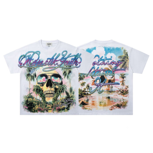 MAJESTIK Tropical Skull Graphic Streetwear T-Shirt