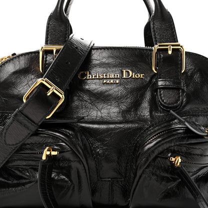 Crinkled Calfskin Small Grand Tour Bowling Bag Black