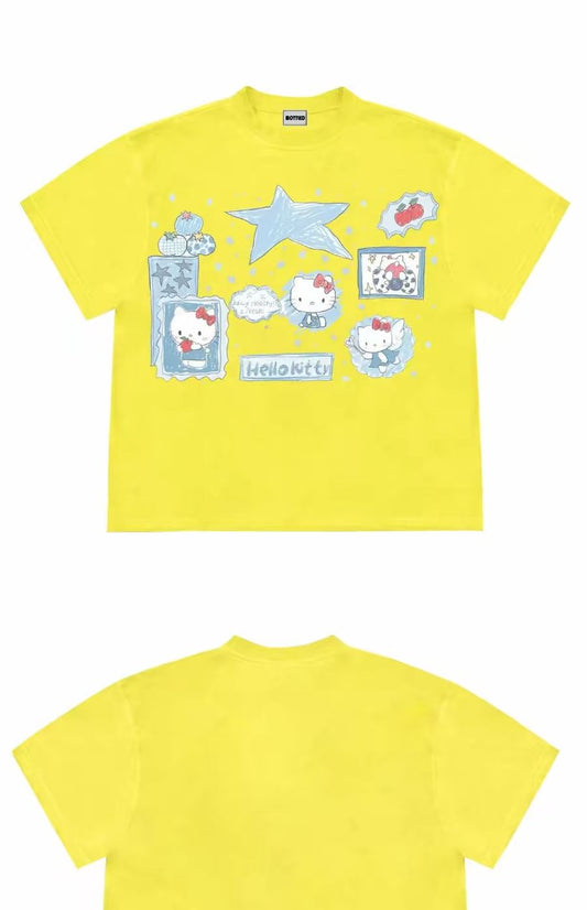 Blue Kitty Graphic Oversized T-Shirt