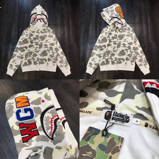 BAPE Shark Camo Full Zip Hoodie White Grey