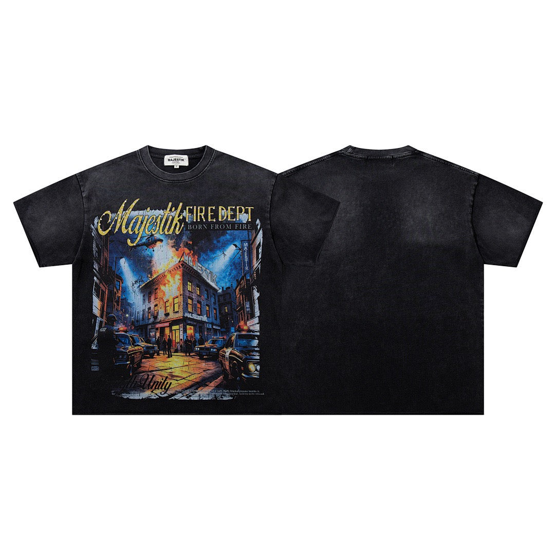 MAJESTIK Fire Dept Vintage Graphic T-Shirt
