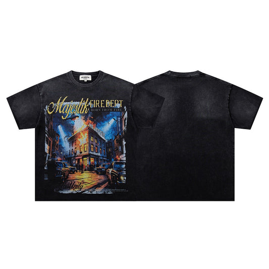 MAJESTIK Fire Dept Vintage Graphic T-Shirt