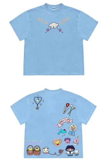 Girls Club Cartoon Double-Sided Graphic Oversized T-Shirt