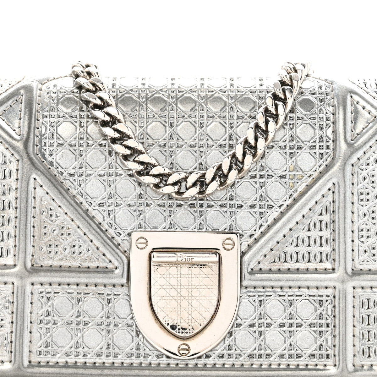 Metallic Patent Micro-Cannage Baby Diorama Flap Bag Silver