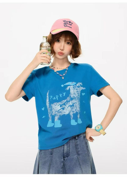 Vintage Puppy Graphic T-Shirt – Cute Dog Print Casual Cotton Tee