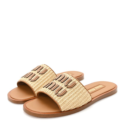 Stuoia Raffia Calfskin Logo Sandals 36 Naturale